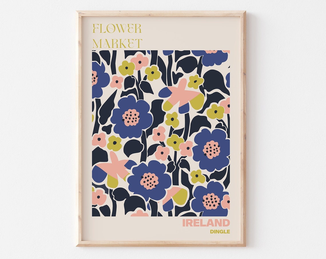 Dingle Ireland Flower Market Bold Blue Poppy Pattern Art Poster
