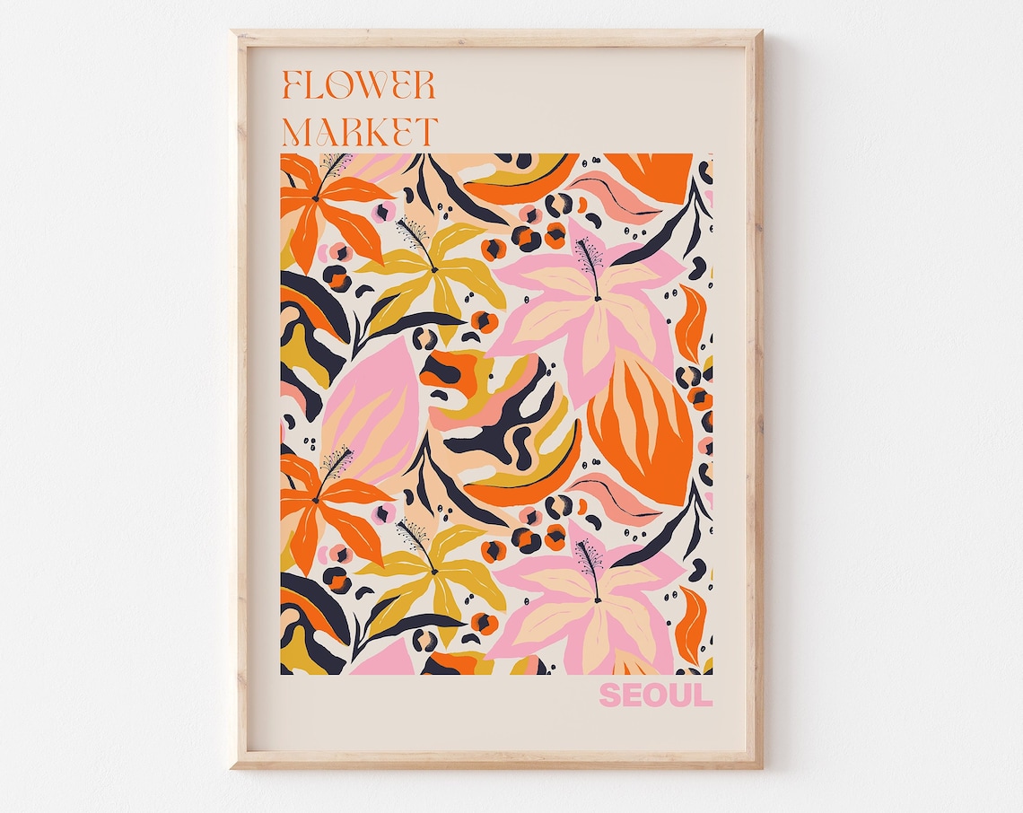 Seoul Flower Market Poster Bold Orange Pink Tropical Artwork