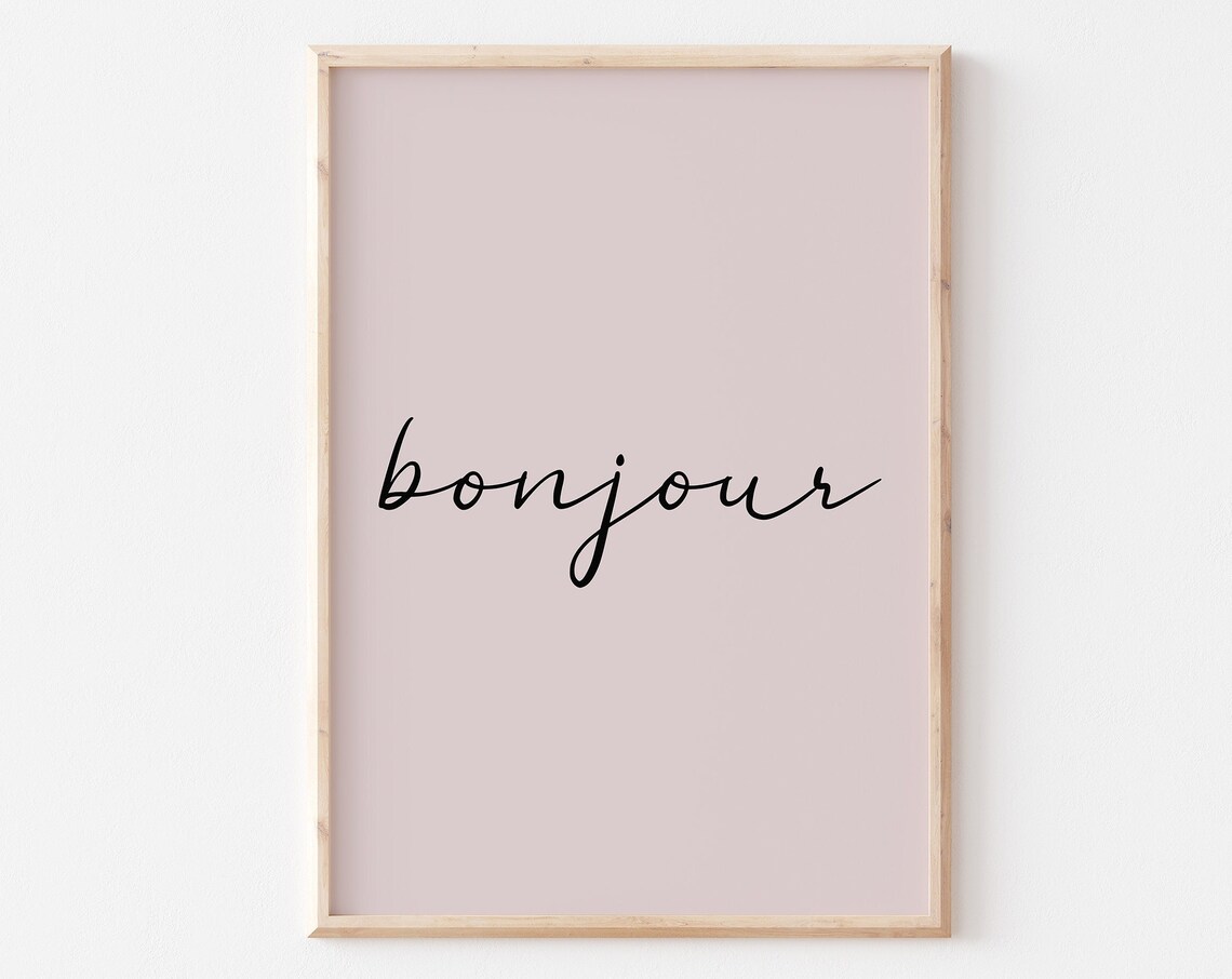 Bonjour Black Script Typography Poster On Pale Pink For French Home Decor