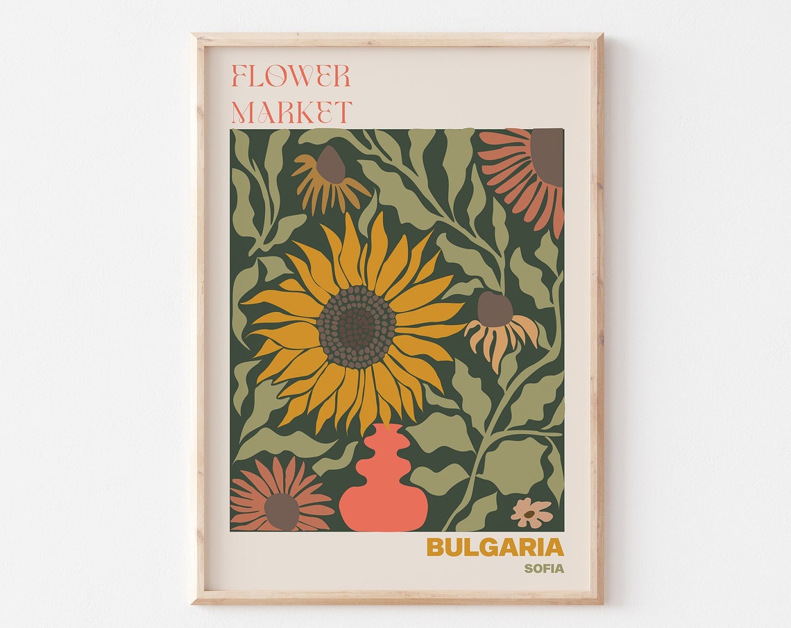 Bulgaria Flower Market Poster Sofia Sunflower Botanical Artwork