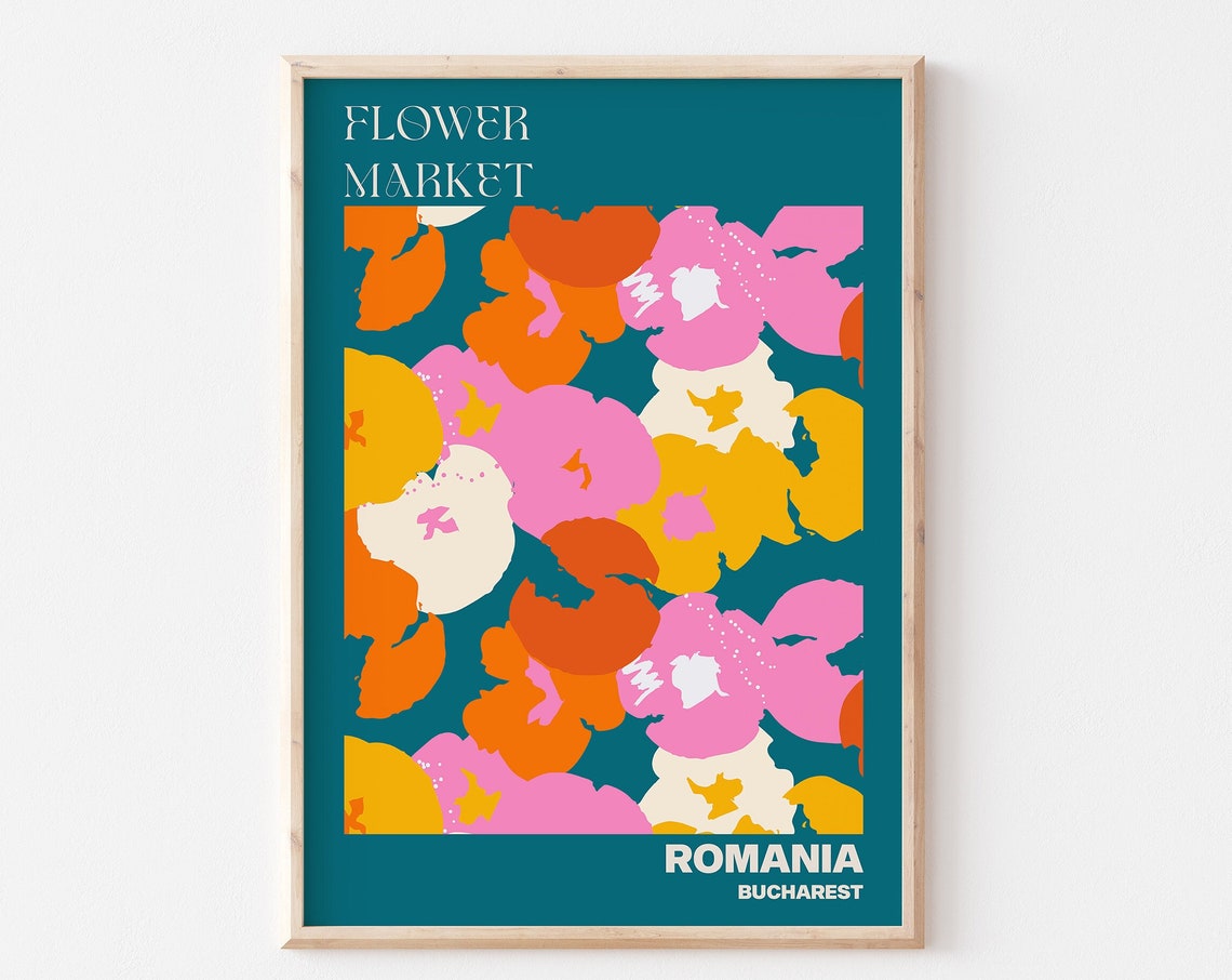 Romania Flower Market Poster Bucharest Teal Bold Floral Artwork