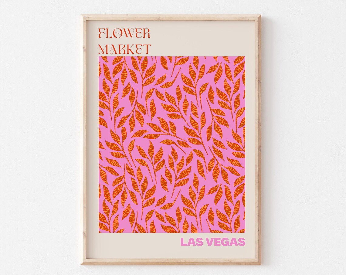 Flower Market Las Vegas Orange Leaves Pink Retro Botanical Poster