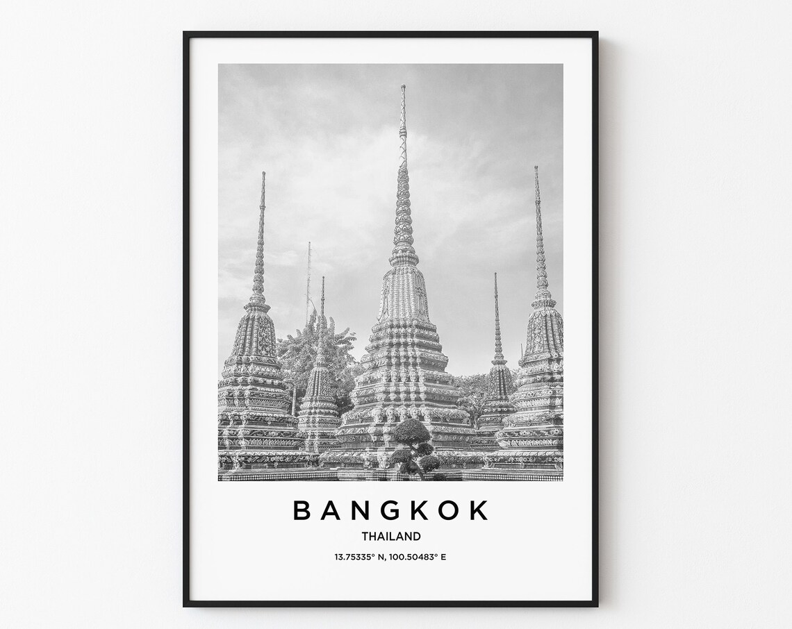Bangkok Thailand Ornate Temple Chedis Spires Black White Travel Poster