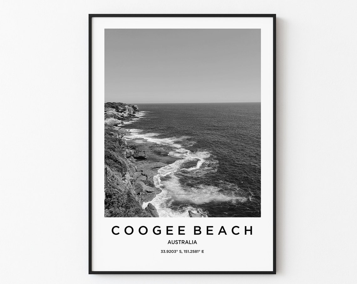 Coogee Beach Australia Black White Coastal Ocean Cliffs Poster