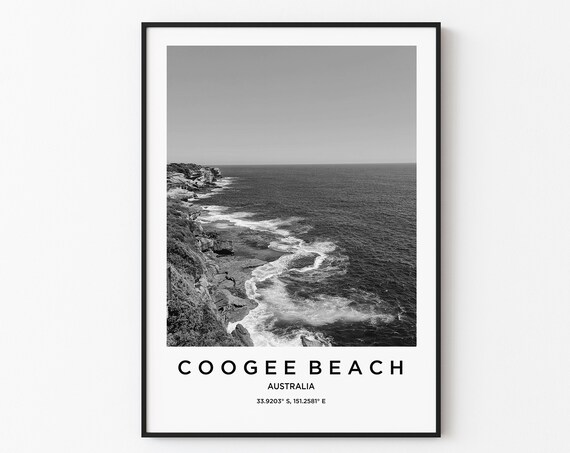 Coogee Beach Australia Black White Coastal Ocean Cliffs Poster
