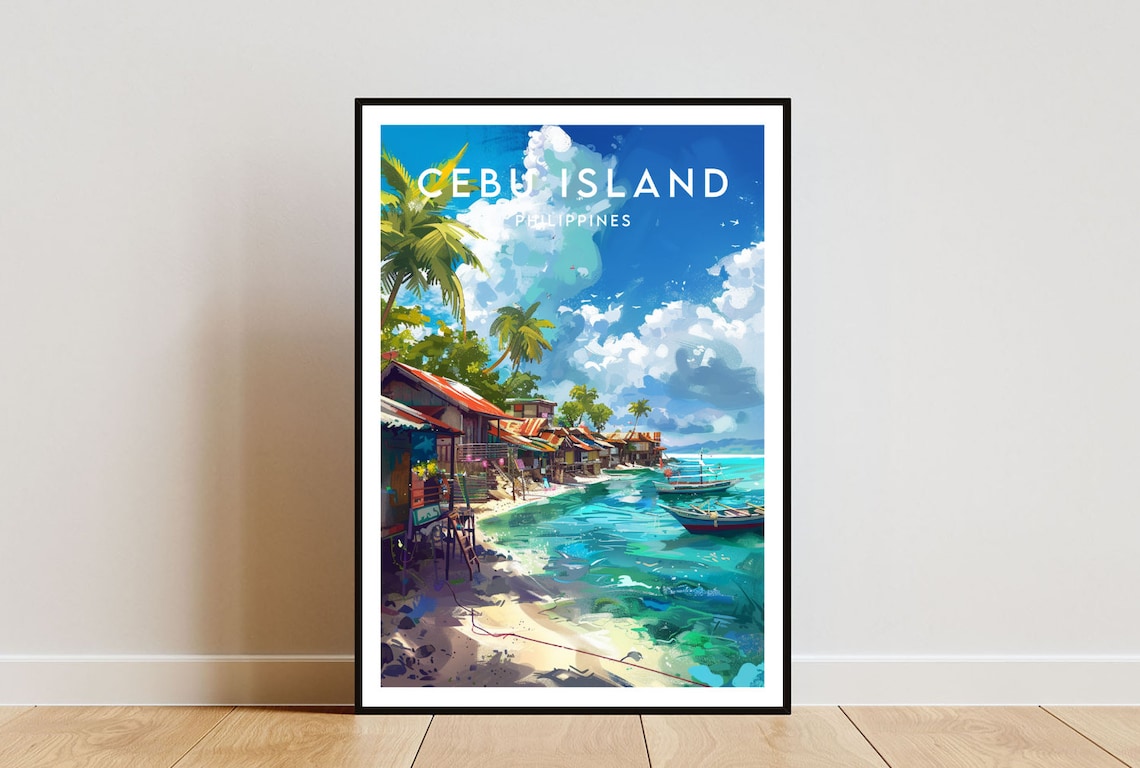 Cebu Island Philippines Fishing Boats Beach Village Travel Poster