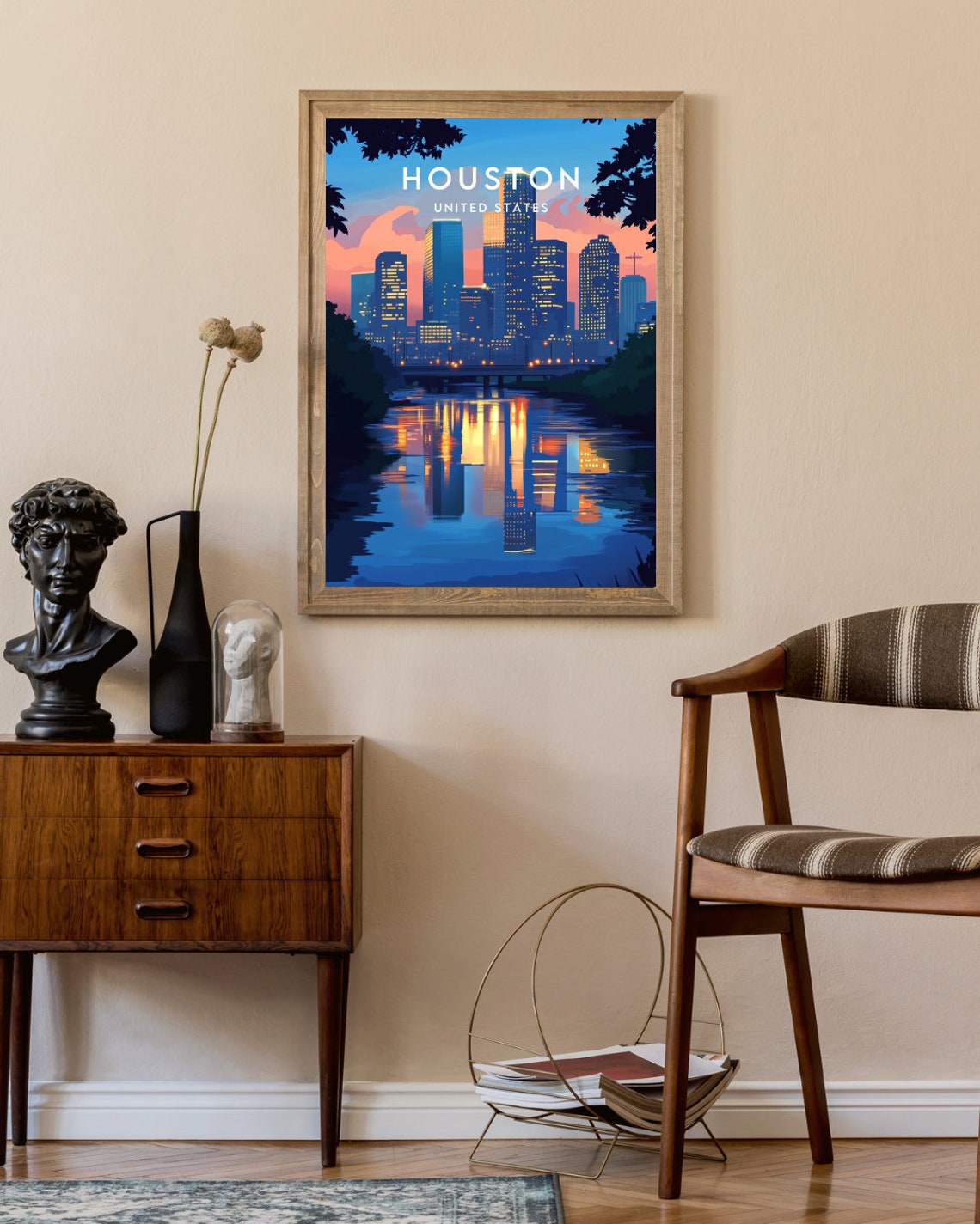 Houston Texas Night City Skyline River Reflection Art Poster - Image 2