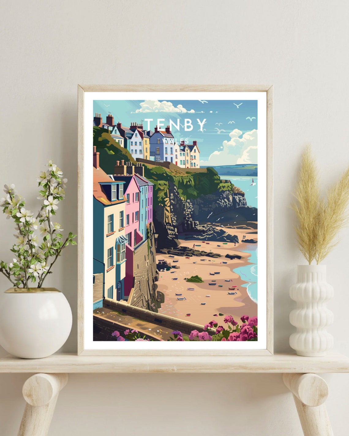 Tenby Wales Colorful Harbor Town Beach Cliffs Seaside Poster - Image 4