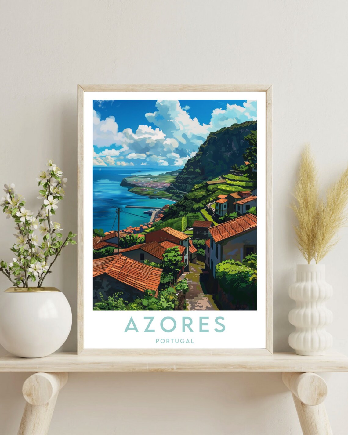 Azores Portugal Island Village Coast and Green Hills Art Poster - Image 4