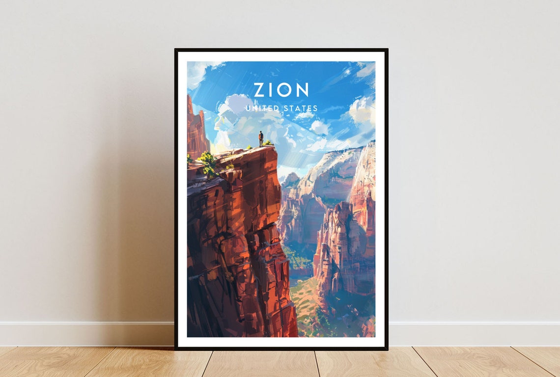 Zion United States Red Canyon Cliffs Hiker Summit Travel Poster