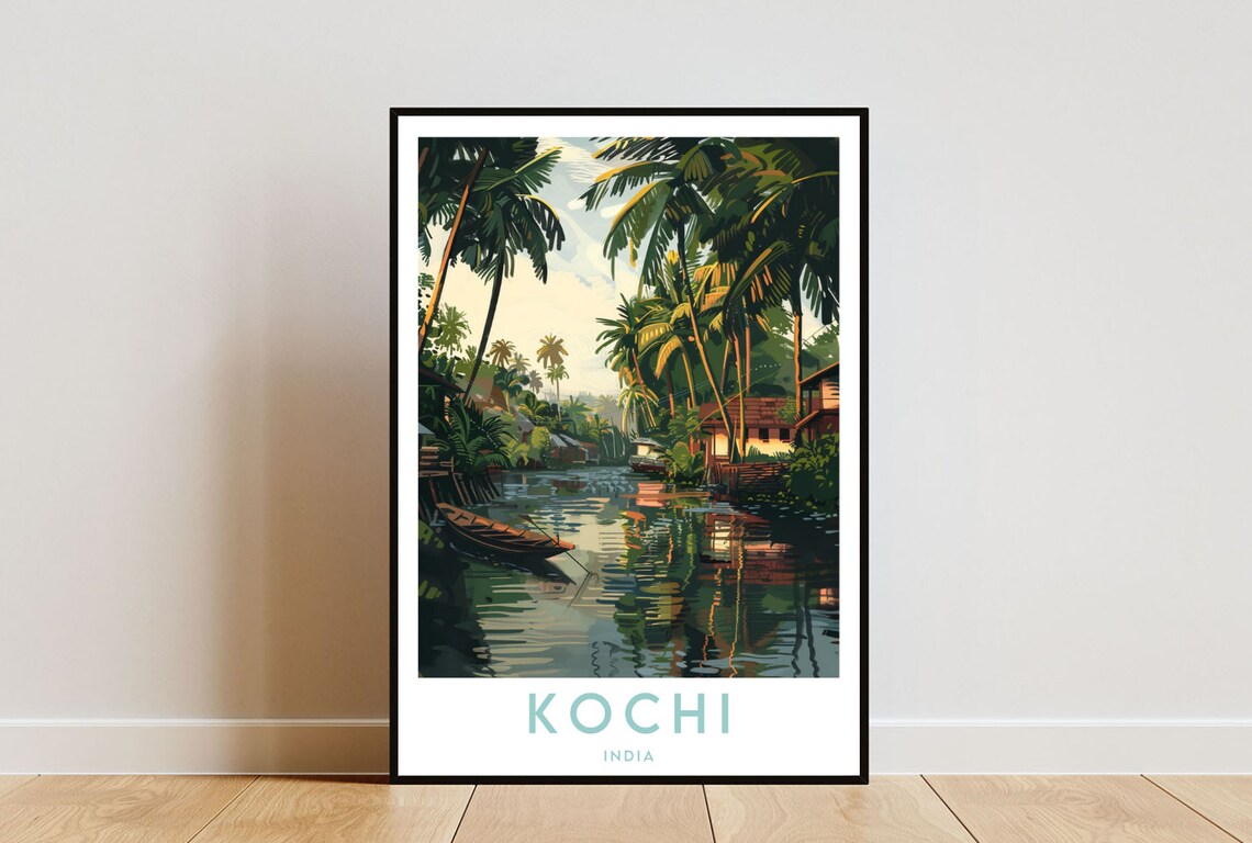 Kochi India Backwaters Tall Palm Trees Boat Sunset Travel Poster