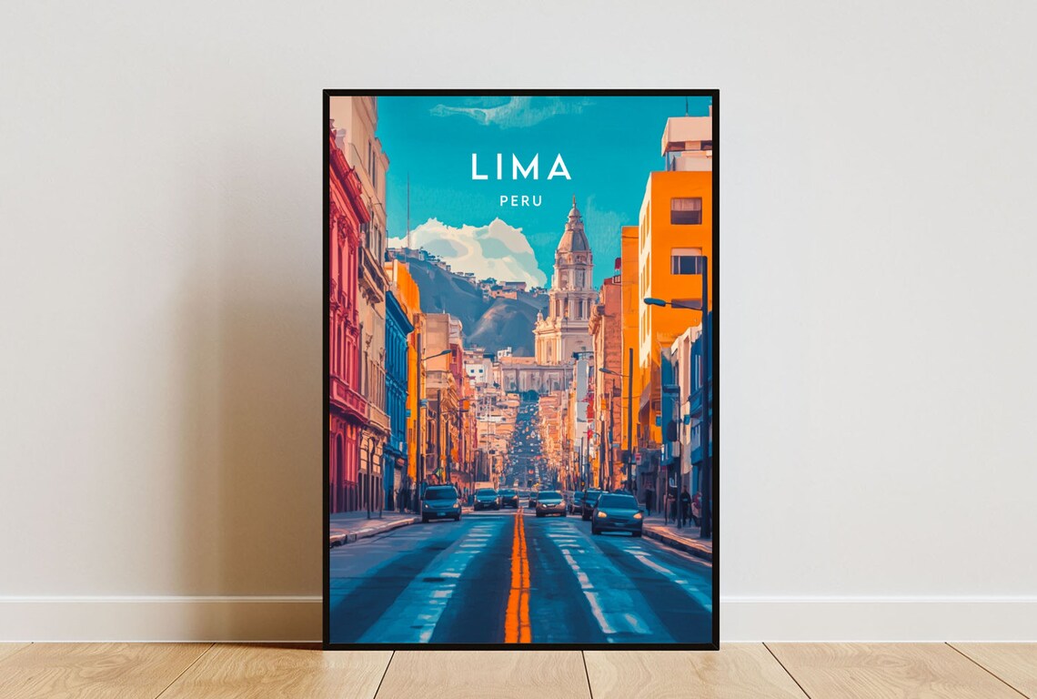 Lima Peru Historic City Street Cathedral Tower Mountain View Poster