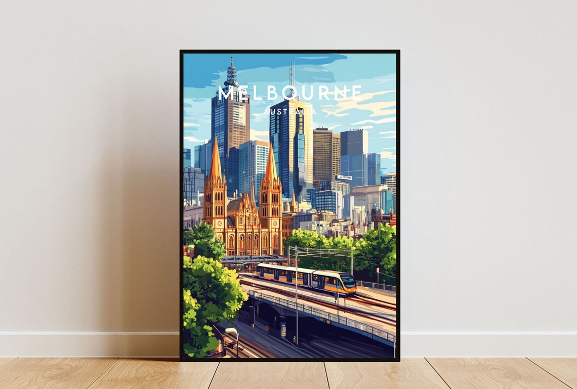 Melbourne Australia Skyline Cathedral Tram Bridge City Travel Poster