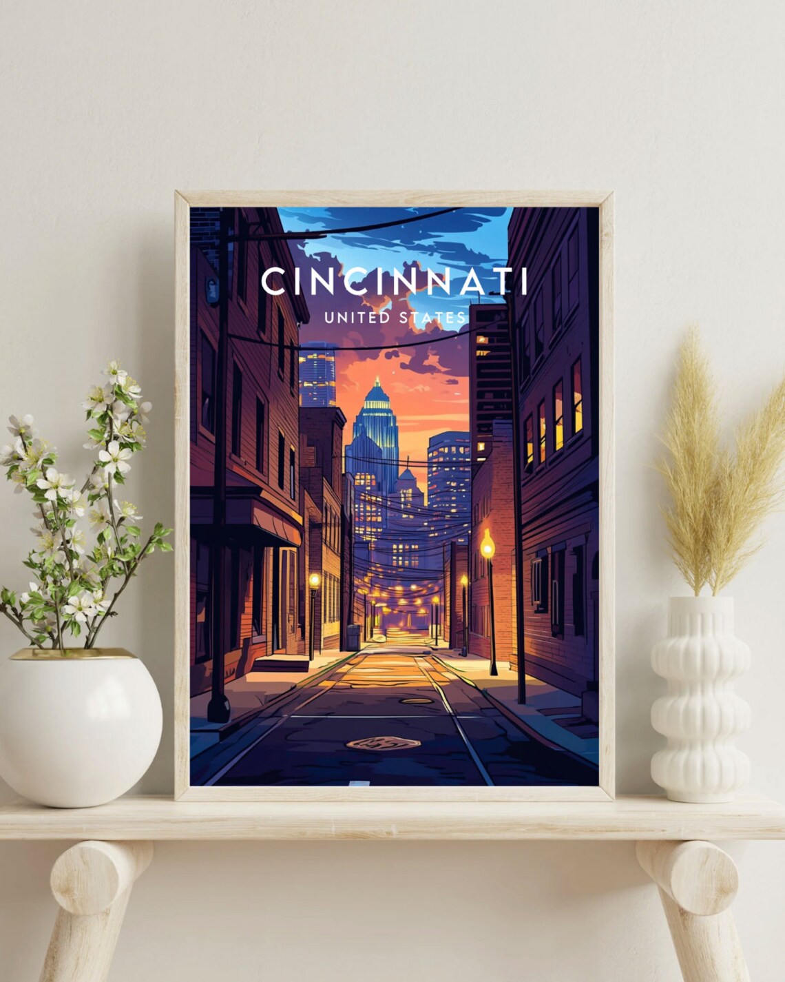 Cincinnati Ohio Night City Skyline Street Lights Alley Travel Poster - Image 4