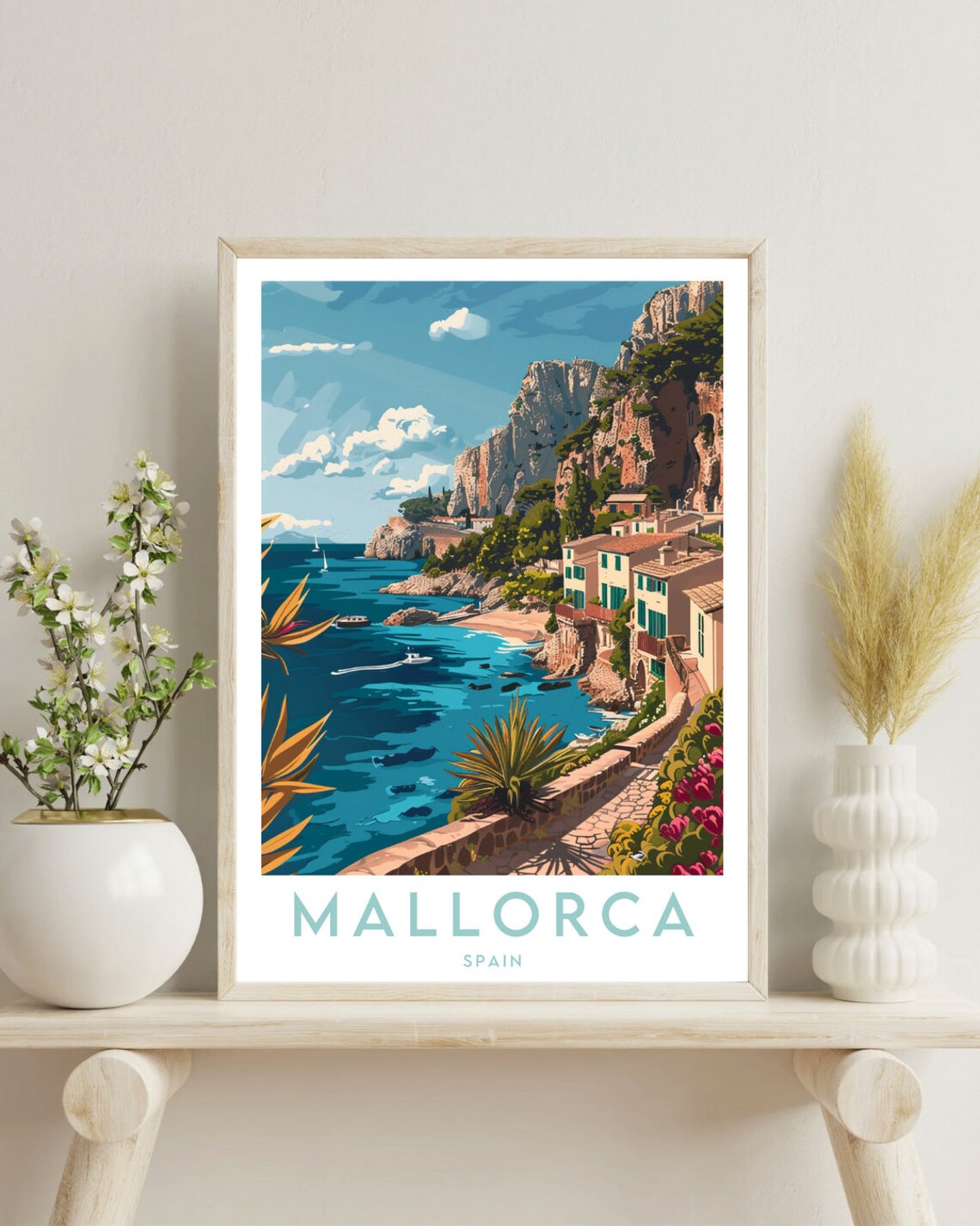 Mallorca Spain Cliffside Village and Blue Bay Travel Art Poster - Image 4