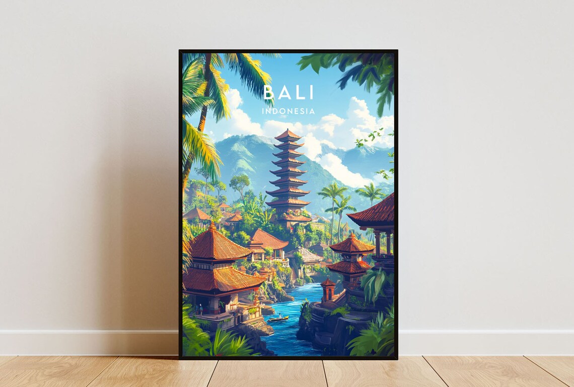 Bali Indonesia Temple Pagoda Tropical Lake Scene Vintage Travel Poster