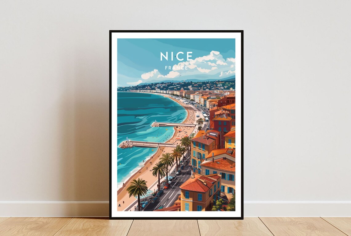 Nice France Riviera Beach Promenade Azure Coast Travel Poster
