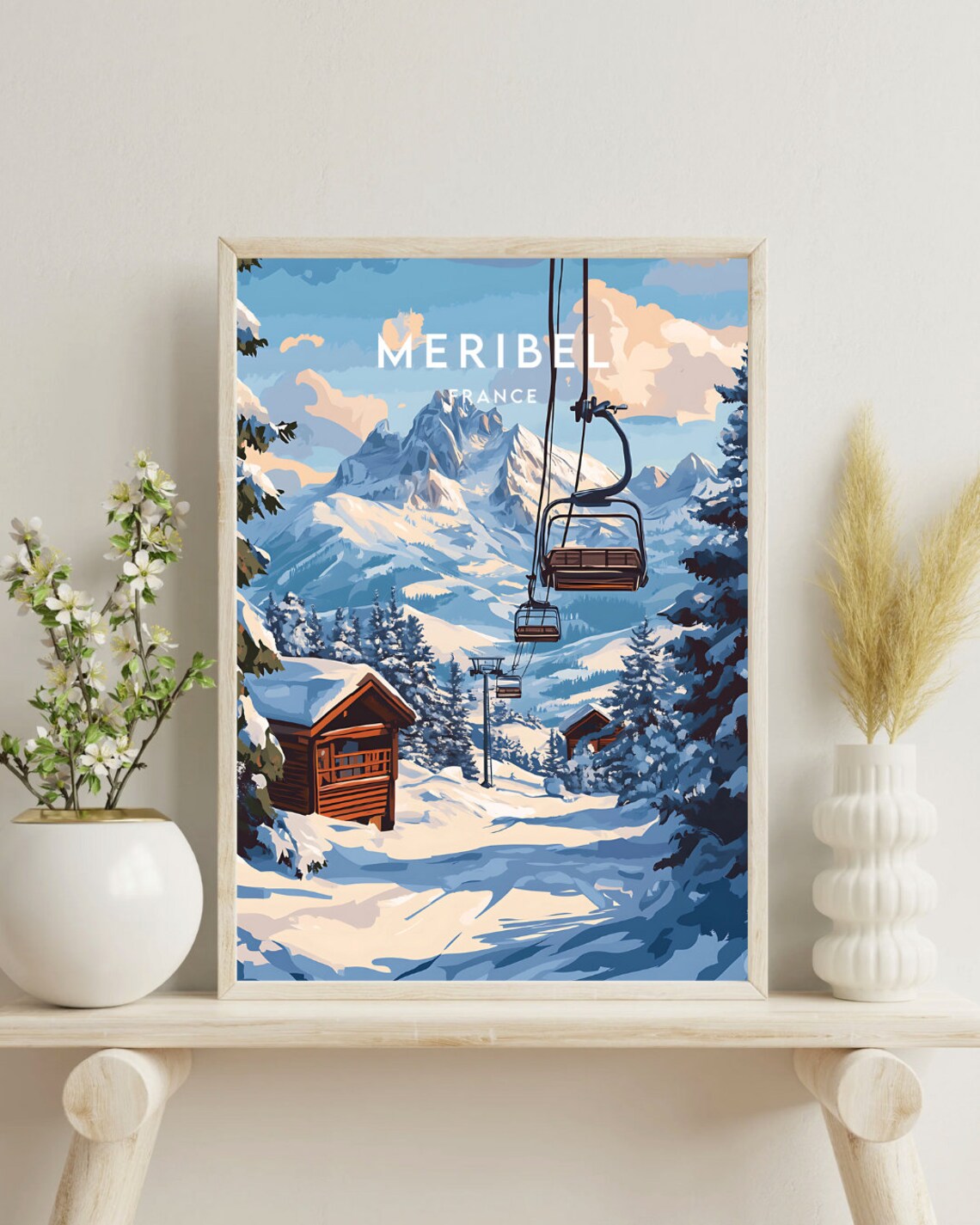 Meribel France Chairlifts Log Cabin Slopes Snowy Pines Travel Poster - Image 4