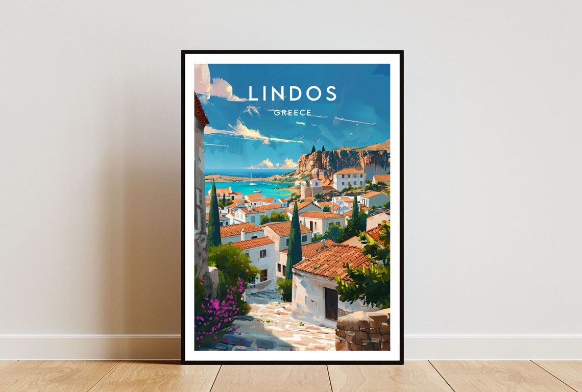 Lindos Greece Acropolis Cliff White Village Bay Travel Poster