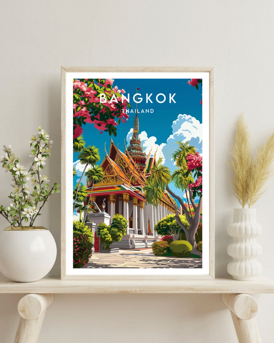 Bangkok Thailand Golden Temple Spire Palm Trees Travel Poster - Image 4
