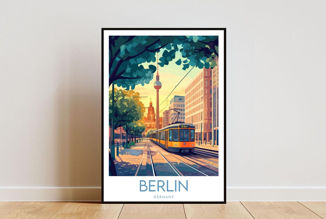 Berlin Germany TV Tower Yellow Tram City Street Travel Poster
