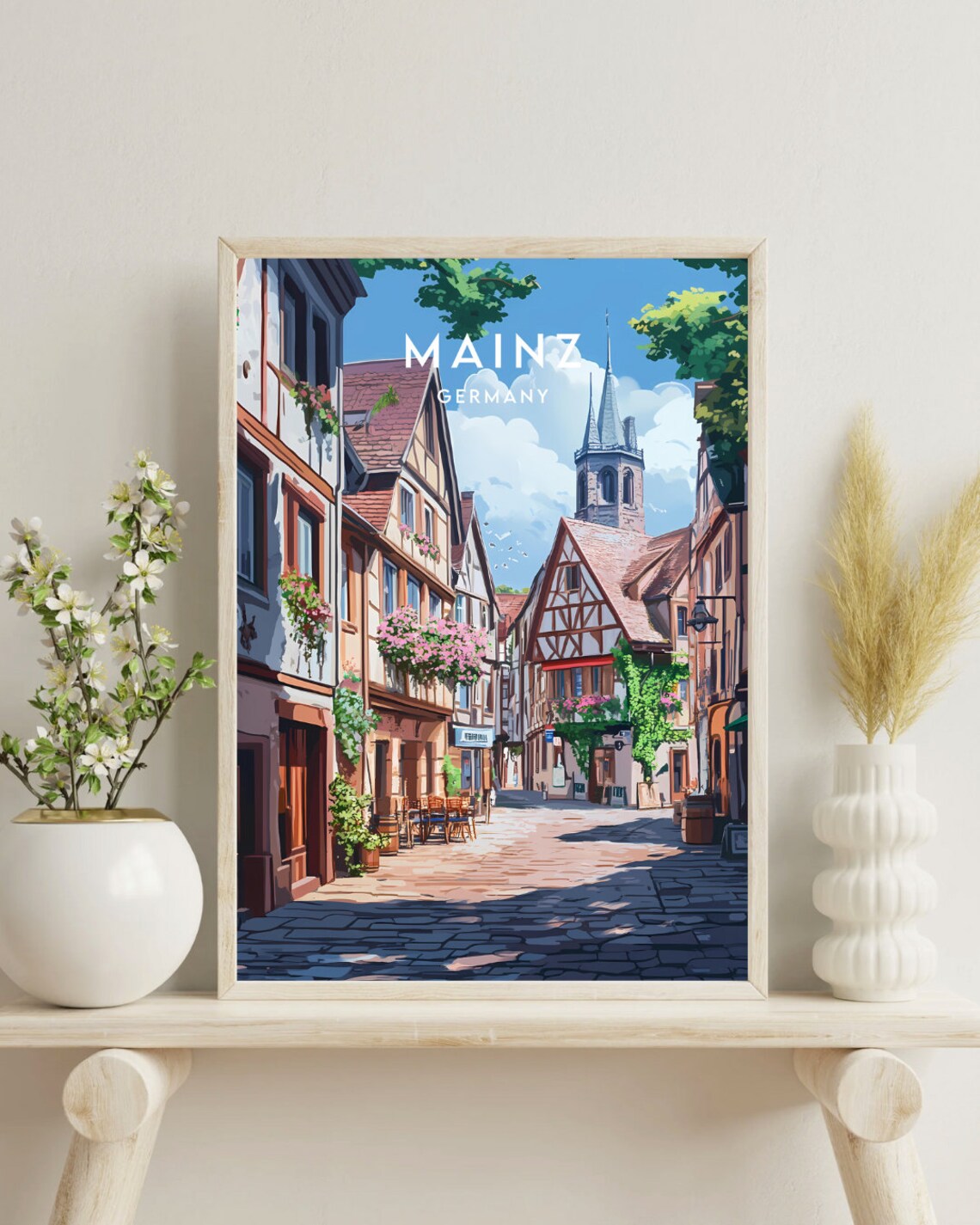 Mainz Germany Half Timbered Street Flower Balconies Travel Poster - Image 4