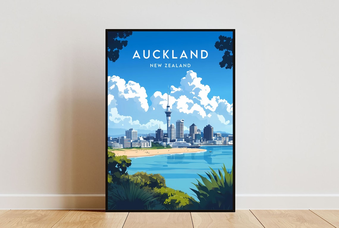 Auckland New Zealand Sparkling Harbor Skyline Vintage Travel Poster