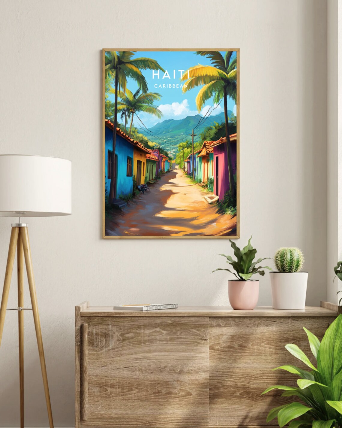 Haiti Caribbean Colorful Village Street Palms Mountains Travel Poster - Image 3