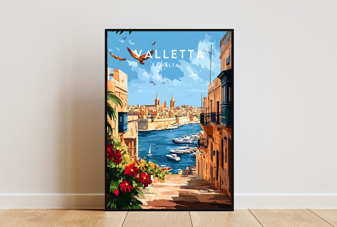 Valletta Malta Harbor Fortress View Vintage Travel Art Poster