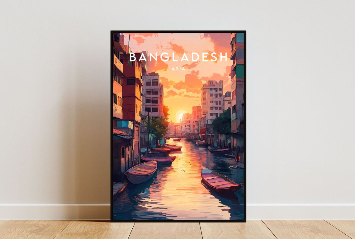 Bangladesh Asia Sunset Canal Boats Cityscape Travel Art Poster