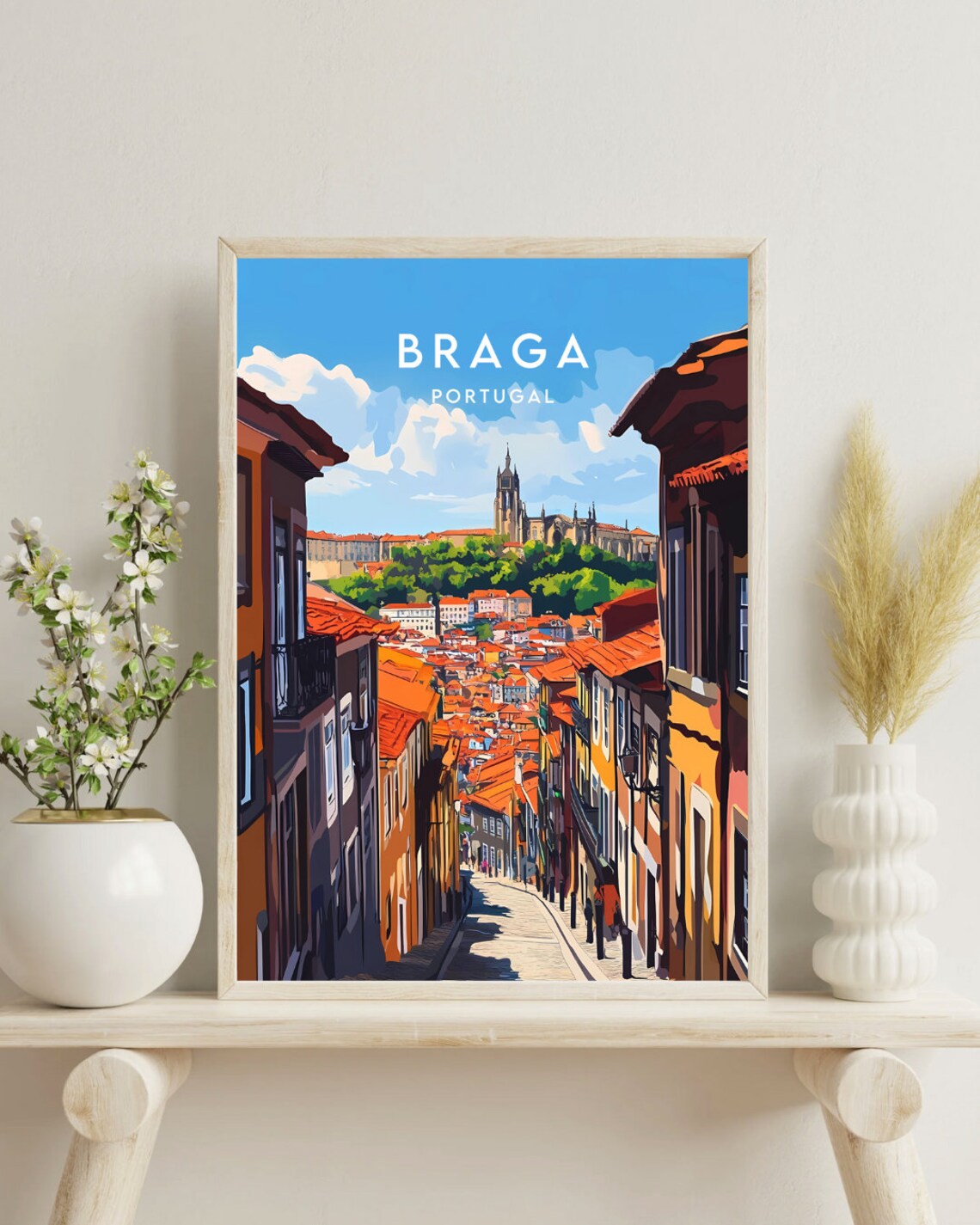 Braga Portugal Cathedral Spires Old Town Street Travel Poster - Image 4