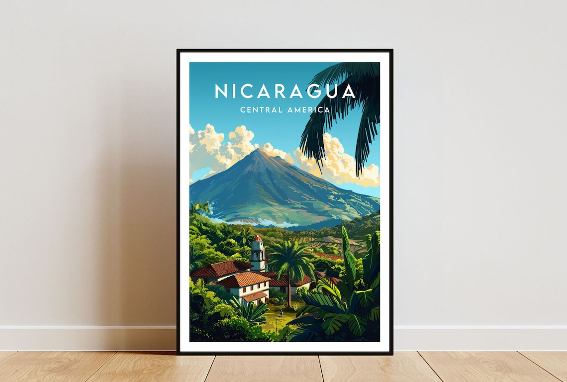 Nicaragua Central America Volcano Village Scene Travel Art Poster