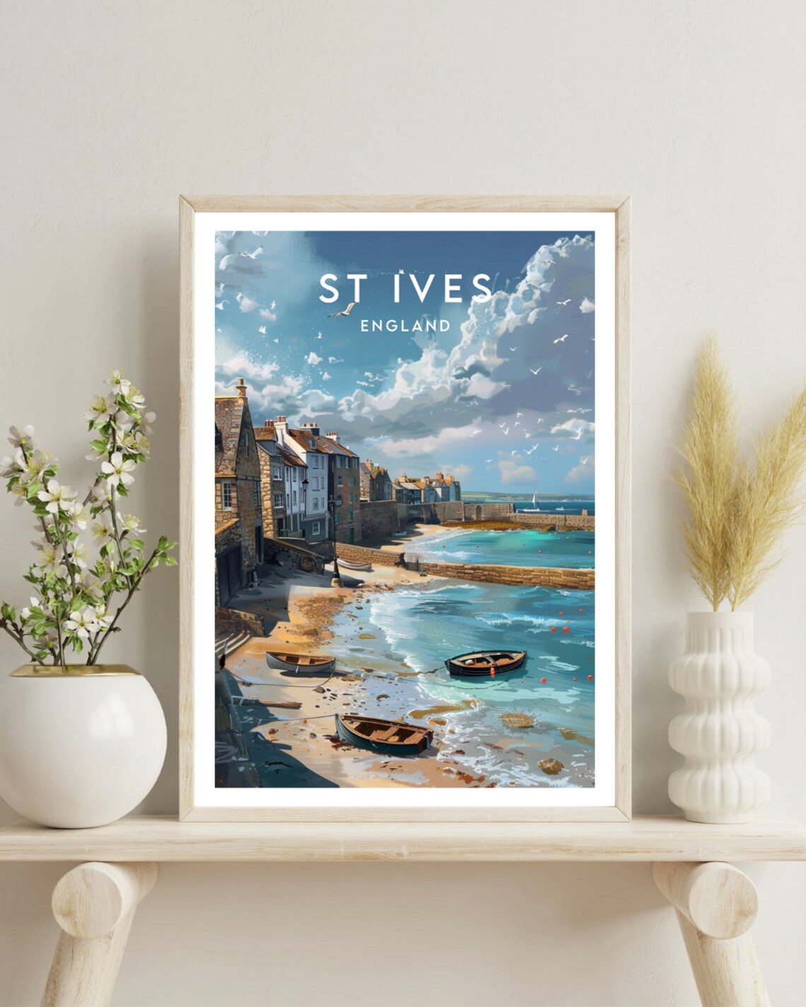 St Ives England Harbor Cottages and Rowboats Vintage Art Poster - Image 4