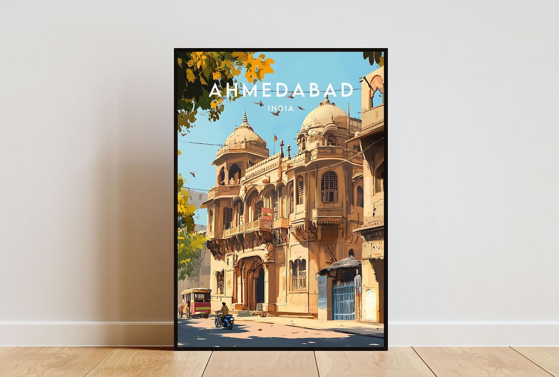 Ahmedabad India Heritage Building Domes Tuk Tuk Vintage Travel Poster