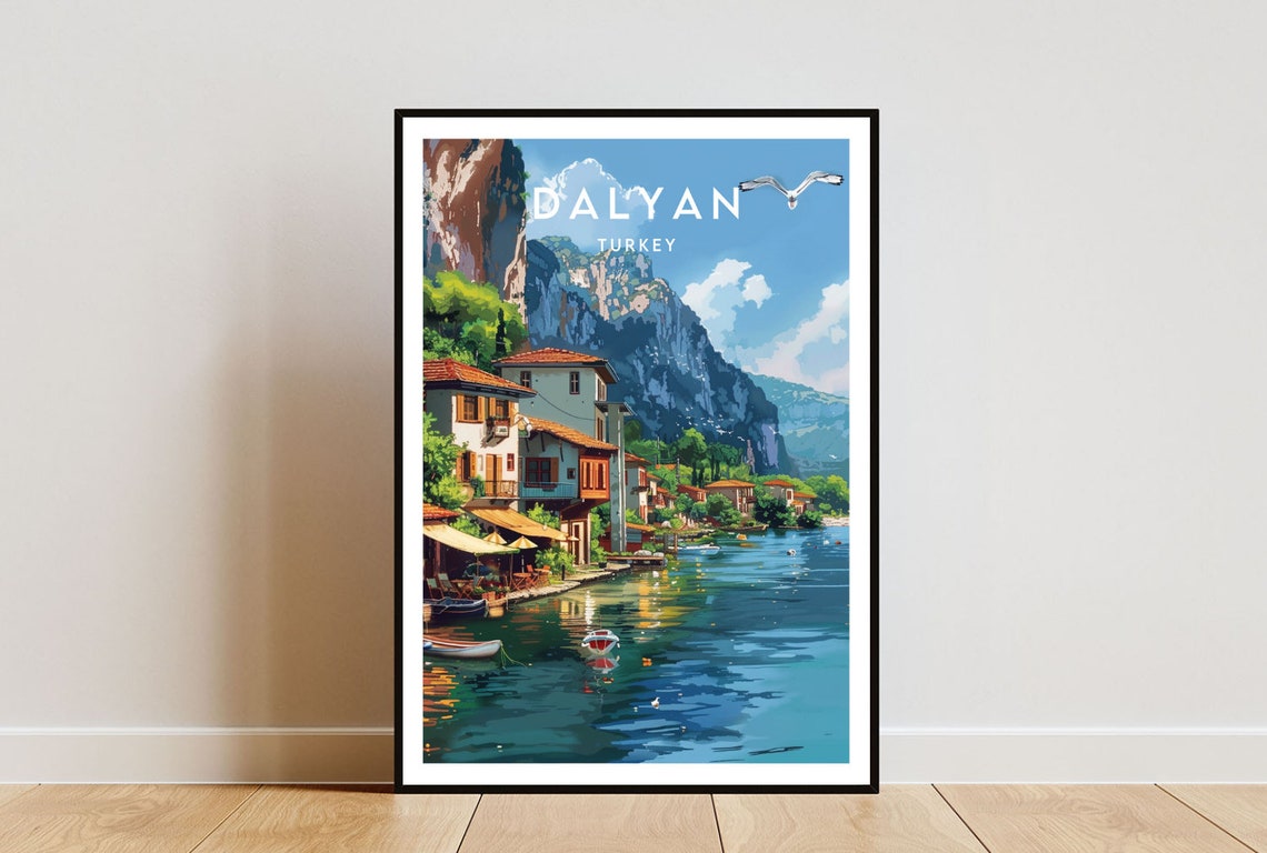 Dalyan Turkey Riverside Village River Cliffs Seagull Boats Poster