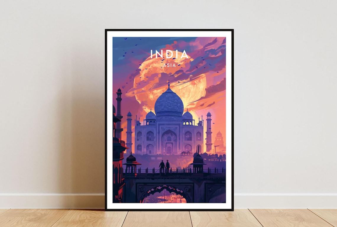 Majestic India Asia Taj Mahal Under a Golden Moon Vintage Art Poster