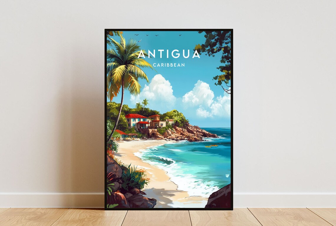 Antigua Caribbean Sandy Cove Palm Villa Turquoise Bay Travel Poster
