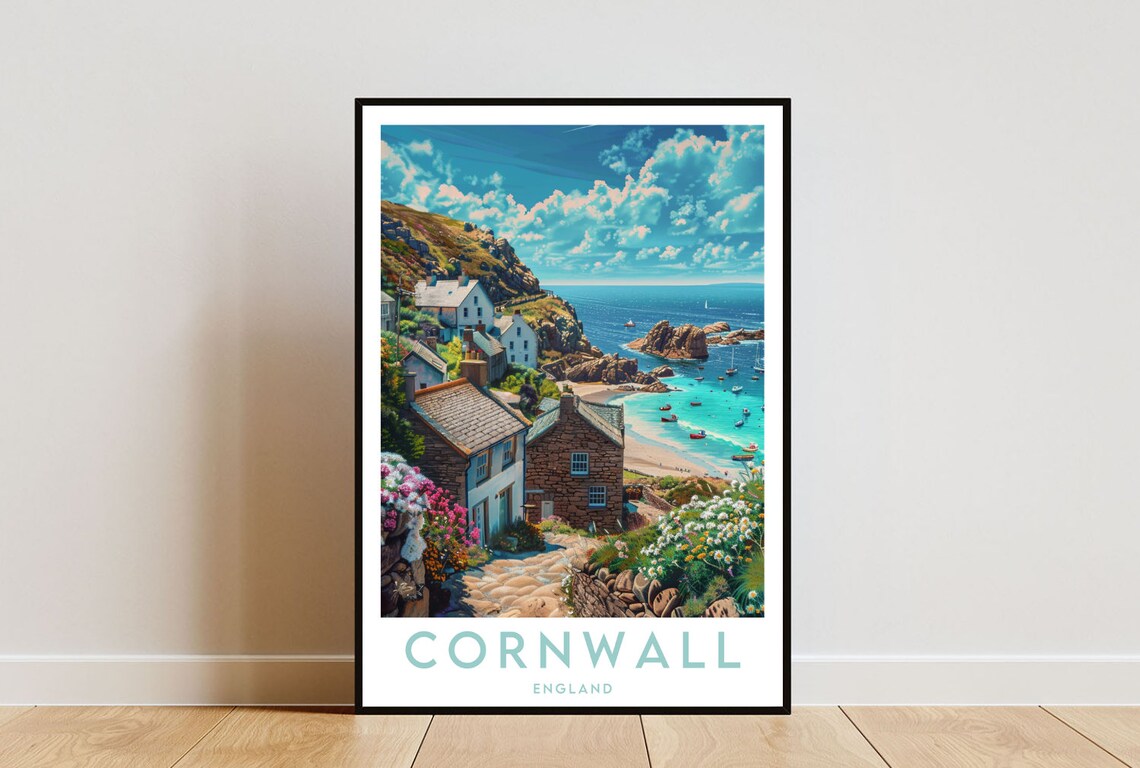 Cornwall England Seaside Cottages and Harbor Vintage Travel Art Poster