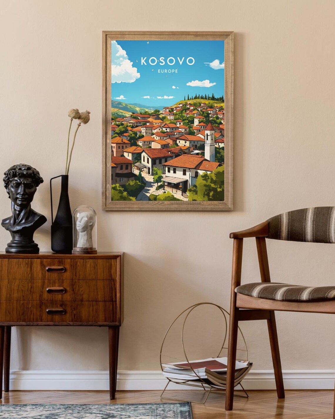 Kosovo Europe Hillside Town Red Roofs Church Tower Travel Poster - Image 2