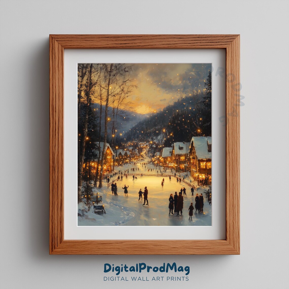 Winter Village Ice Skating Pond Festive Vintage Christmas Wall Art