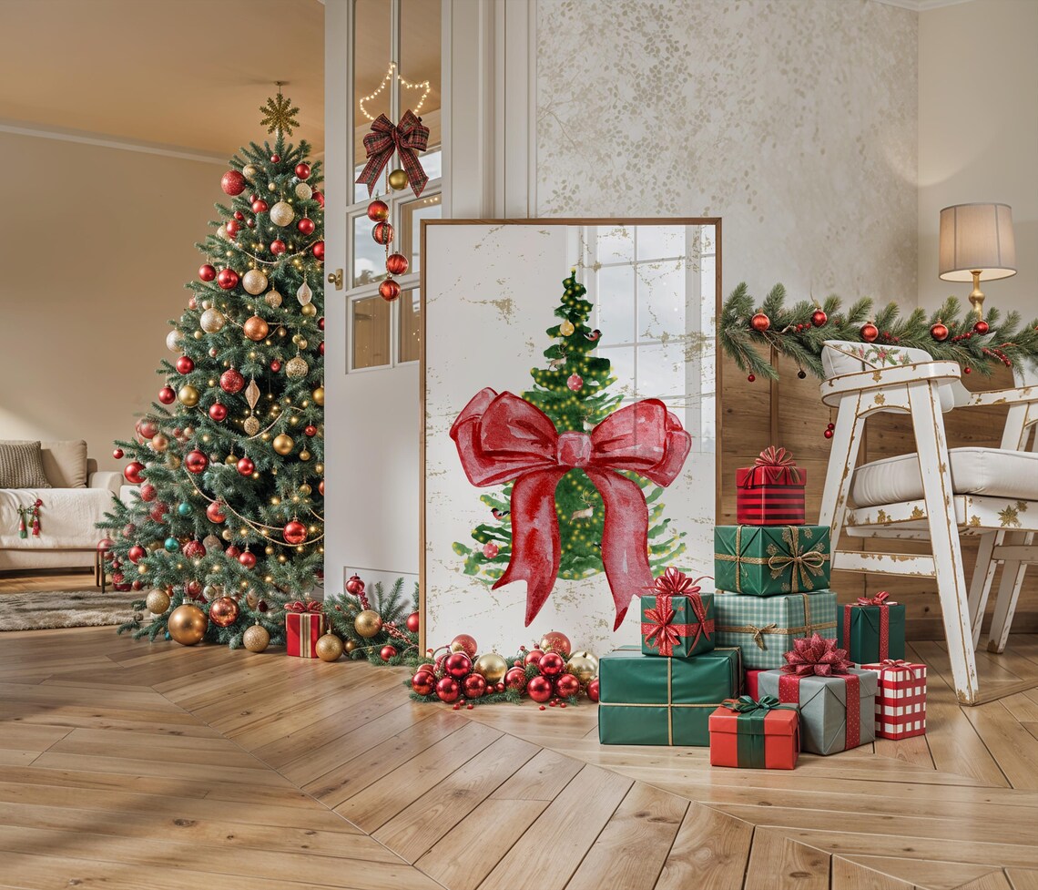 Watercolor Christmas Tree Poster Elegant Red Bow Holiday Home Decor Art - Image 2