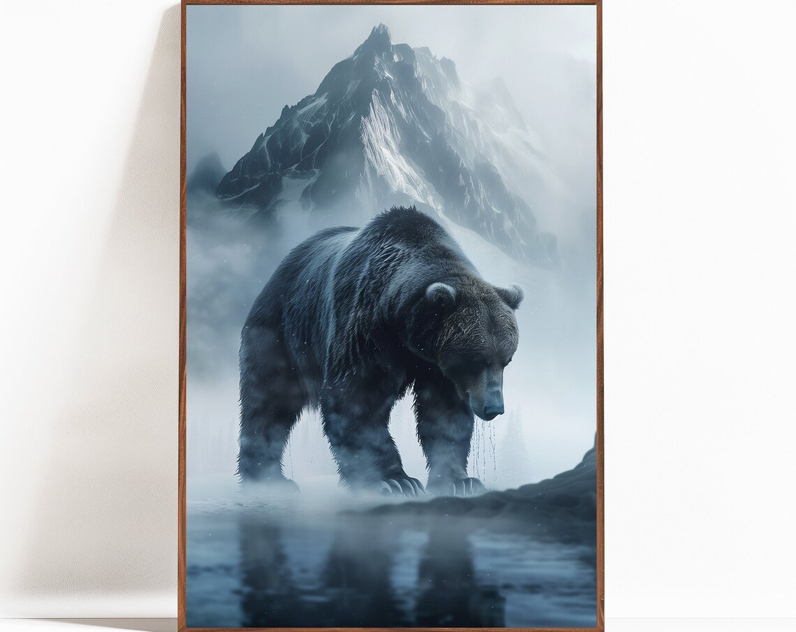 Grizzly Bear In Fog Before a Snowy Mountain Peak Wildlife Poster