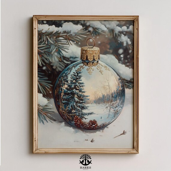 Christmas Bauble Ornament Winter Forest Scene Vintage Poster