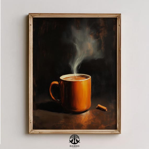 Moody Holiday Cocoa Mug Festive Rustic Stilllife Painting Cozy Winter Decor Warm Amber Tone Farmhouse Wall Art 403