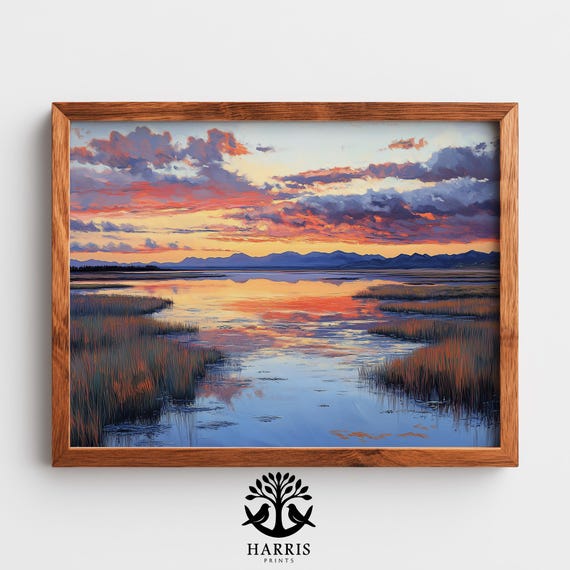 Rustic Patagonian Lagoon Sunset Painting Dramatic Moody Landscape Art Serene Reflections In Nature Scene Wall Decor 388