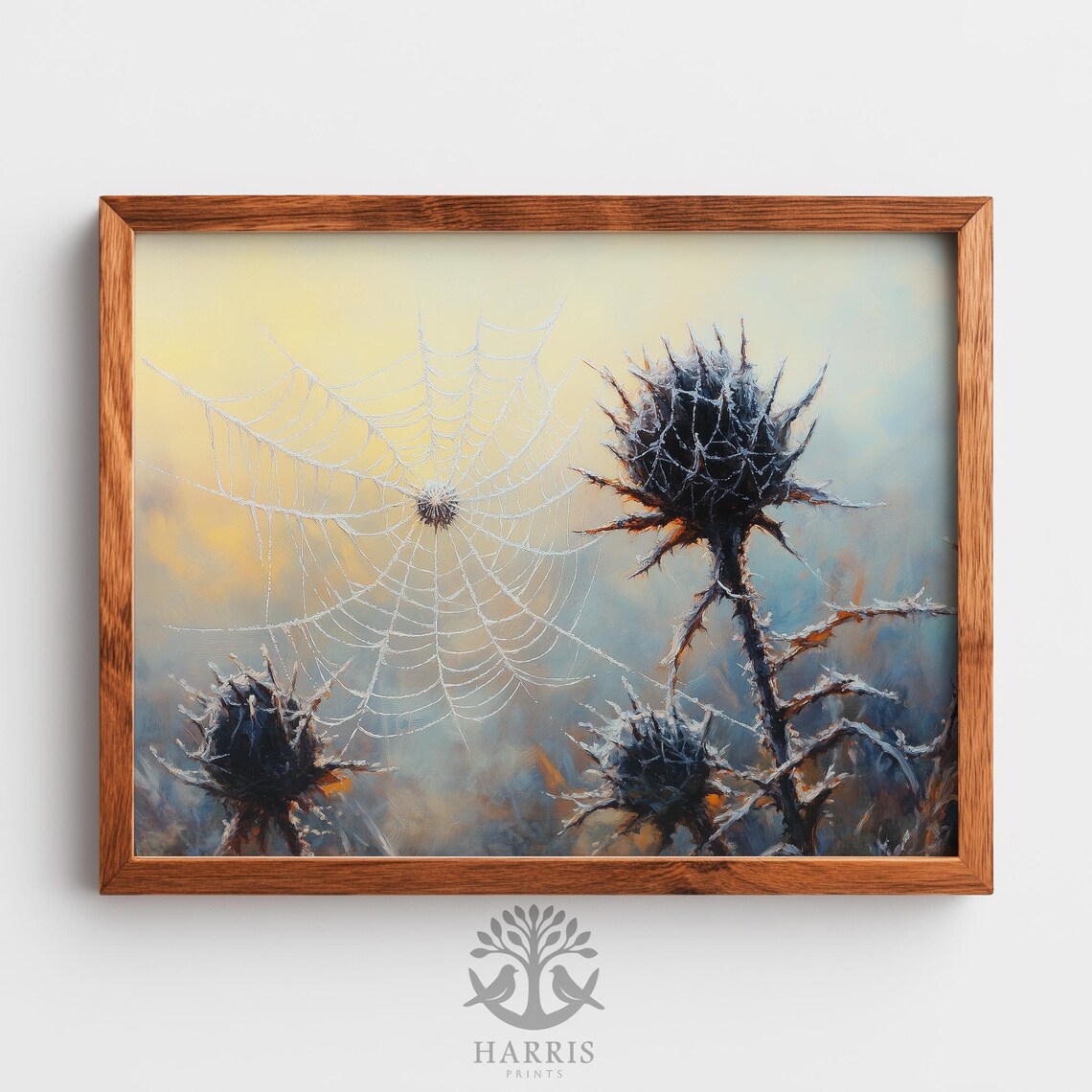 Moody Winter Botanical Print Frostcovered Spiderweb Art Rustic Thistle Painting Cool Blue Tones Nature 520