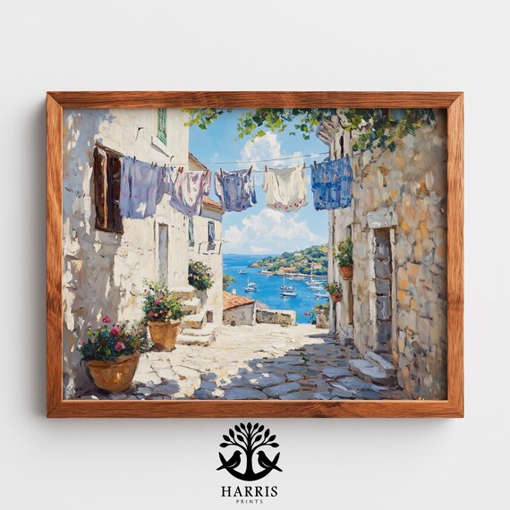 Mediterranean Coastal Street Sunlit Old Town Seaside Harbor Print