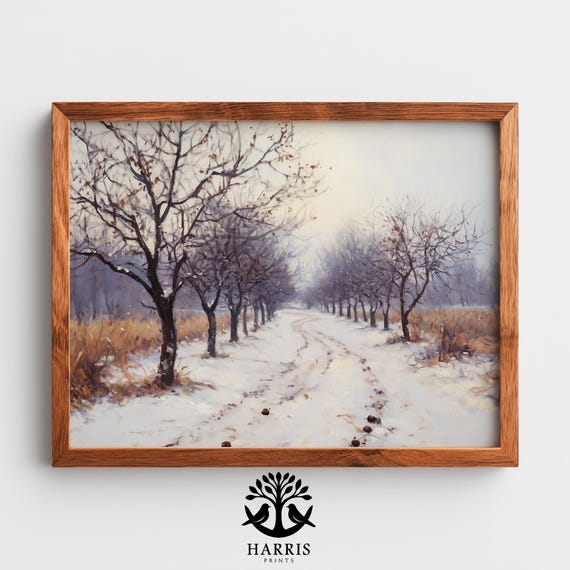Moody Winter Pear Orchard Painting Rustic Farmhouse Landscape Art Bare Trees In Snow Scene Cozy Neutral Tones Print 293