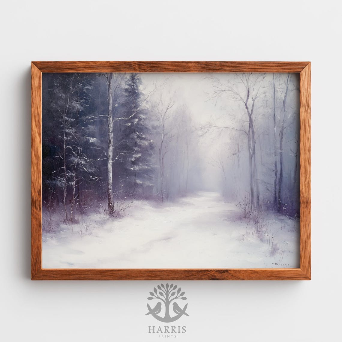 Snowy Birch Forest Misty Path Winter Woodland Painting Poster