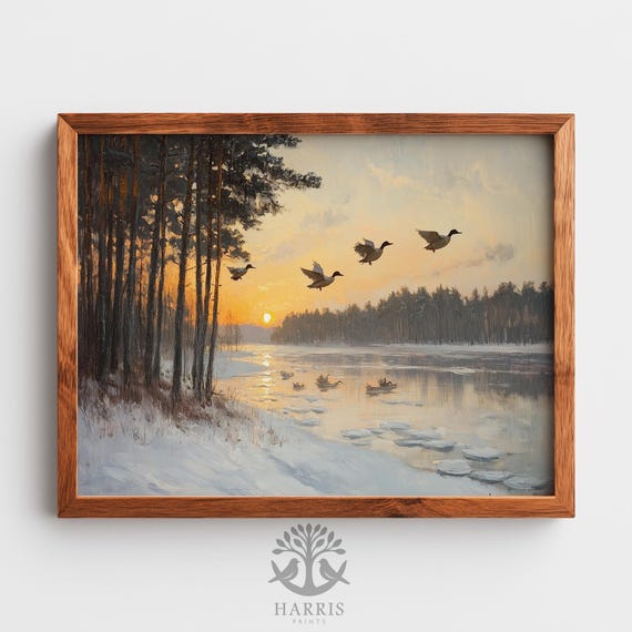 Winter Ducks In Flight Moody Rustic Landscape Art Vintage Snowy River Scene With Pine Trees Wall 533